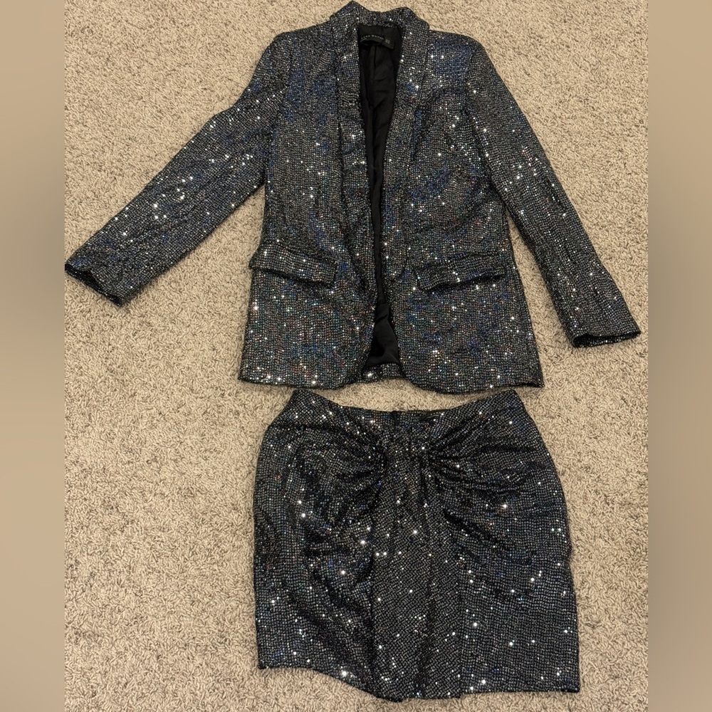 Zara Black Sequin Blazer & Skirt Set